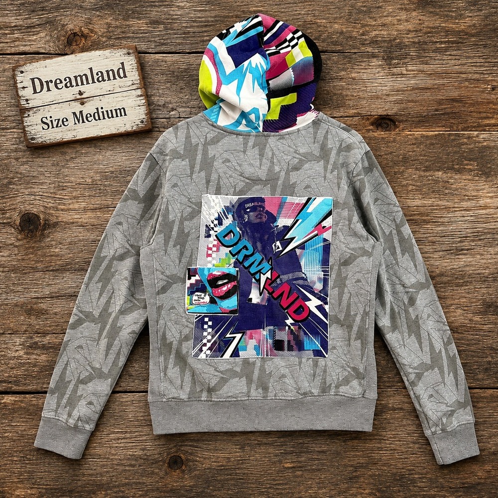 Dreamland DRMLND Graphic Hoodie Medium Grey Lightning Bolt Pop Art Streetwear